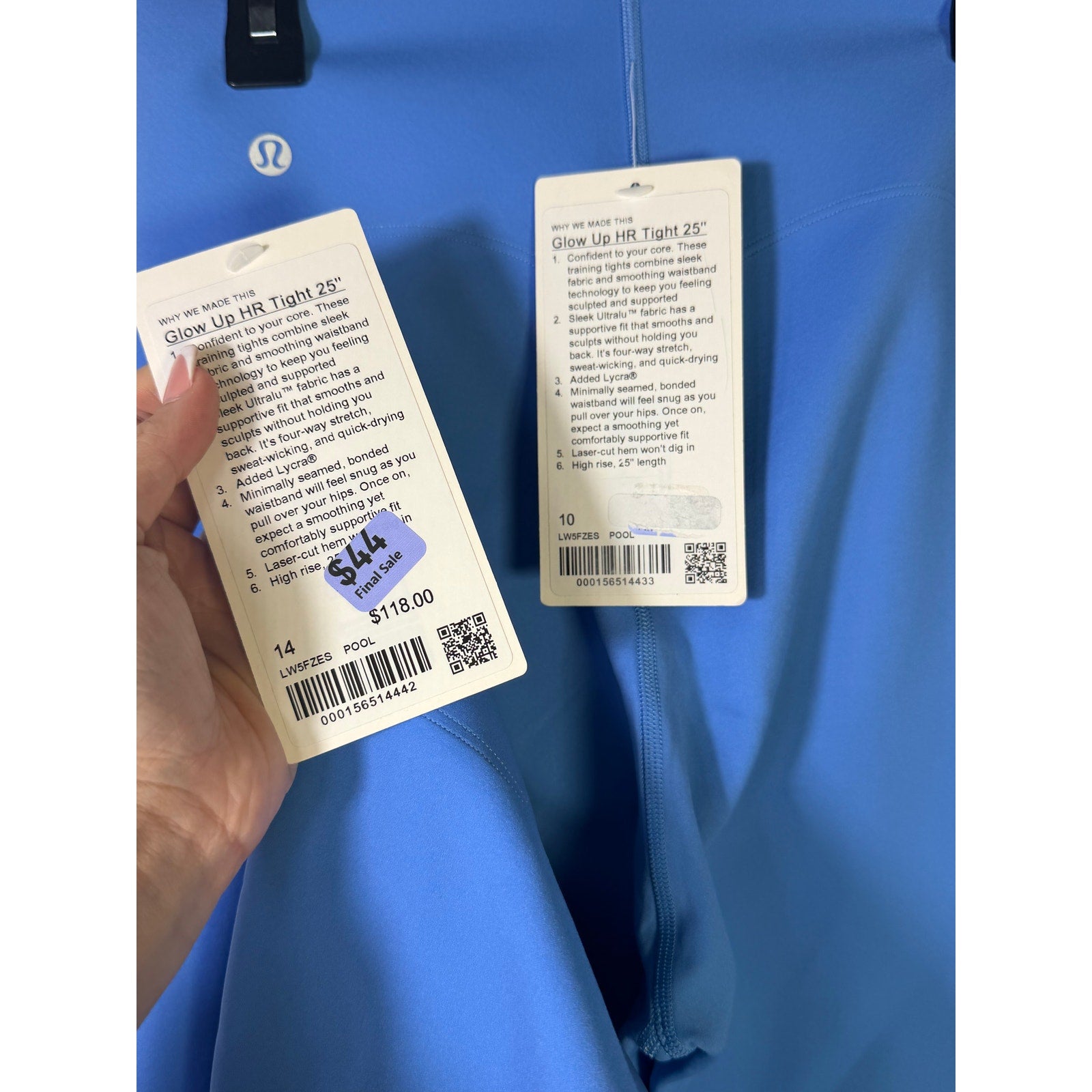 Lululemon Glow Up high-rise leggings in Pool Party Blue, size 14, with a close-up of the snug, stretchy fabric.