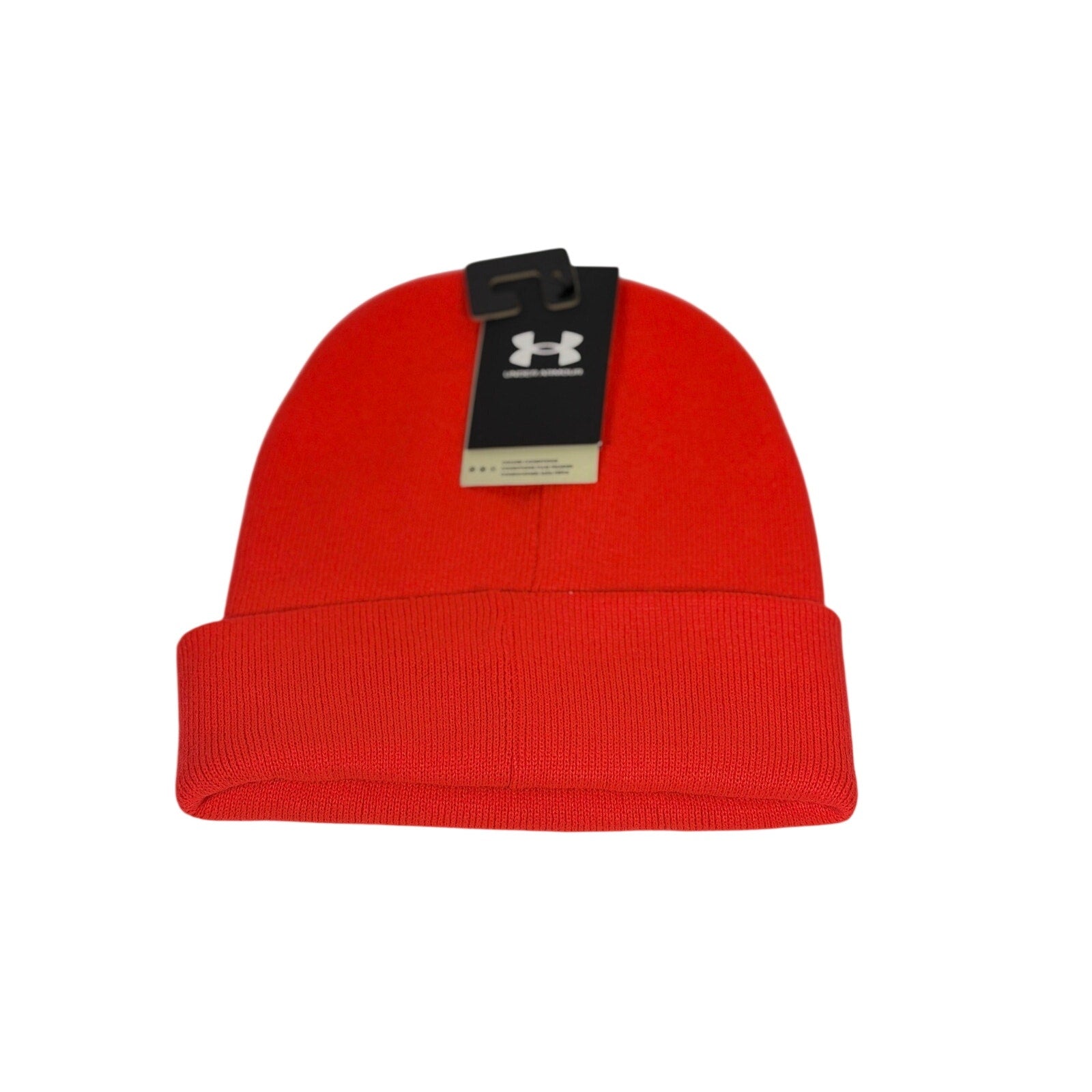Under Armour red cuffed knit beanie hat for men and women, soft unisex winter accessory with a snug fit.