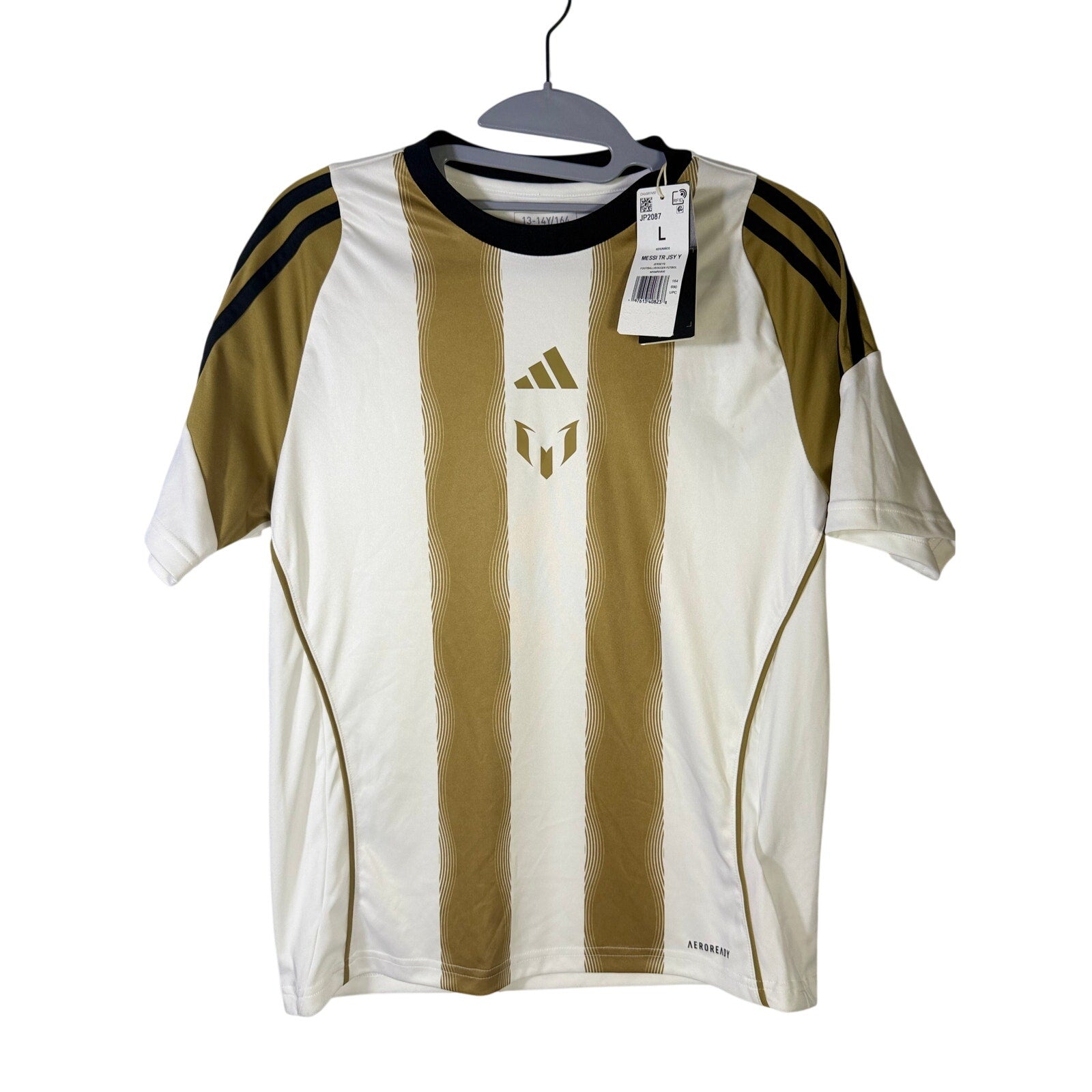 Youth large Adidas Messi training soccer jersey in white and gold, featuring Adidas branding and team logo.