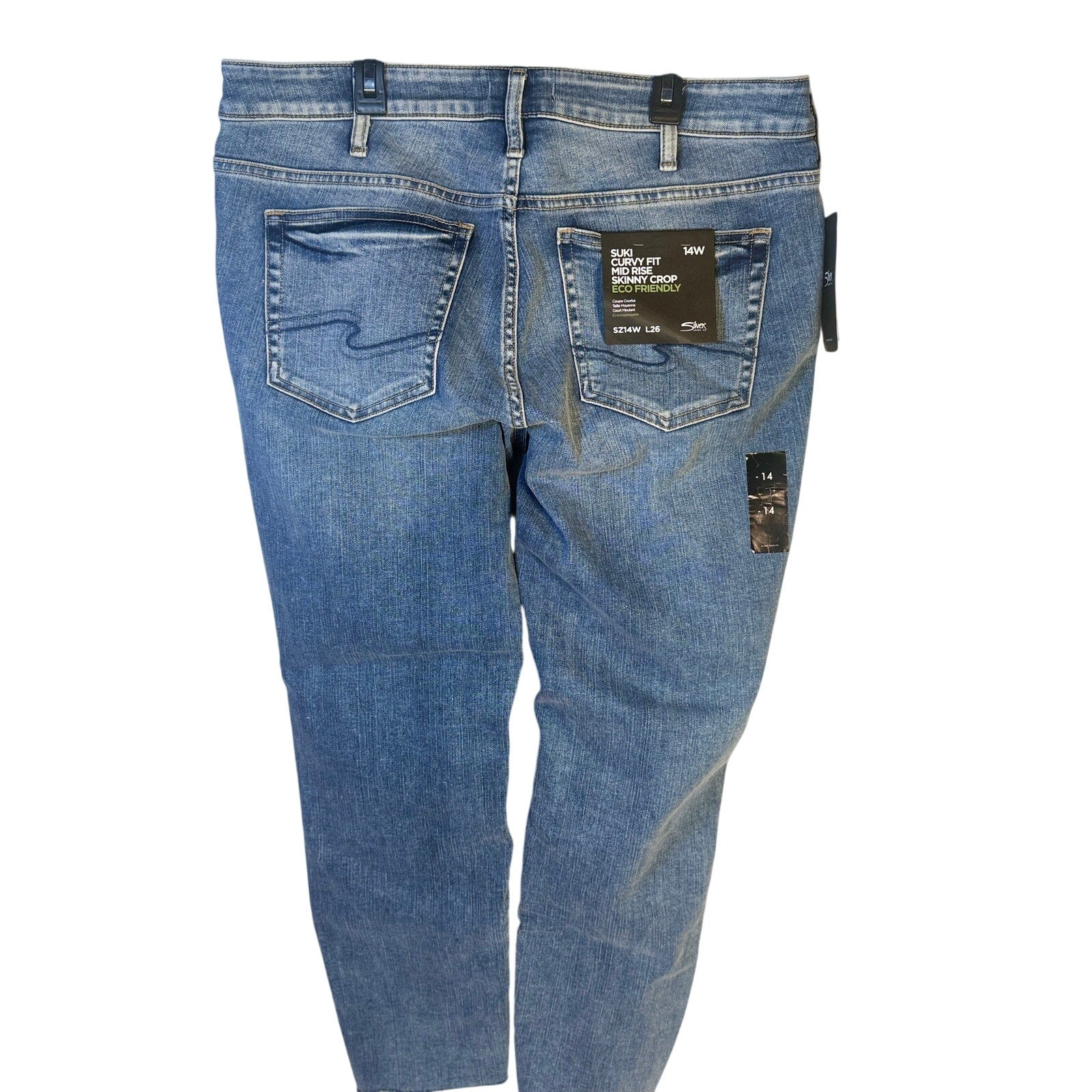 Silver Jeans Co. Suki curvy fit mid-rise skinny crop jeans for women, size 14W, in silver denim, styled with a casual fit.