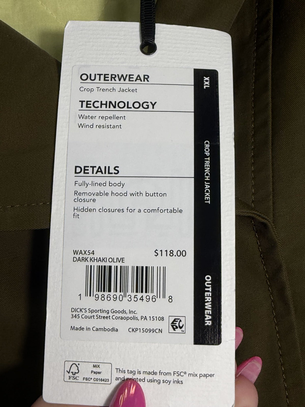 Women's CALIA crop trench jacket with hood in dark khaki olive, stylish lightweight outerwear, size XXL, front view.