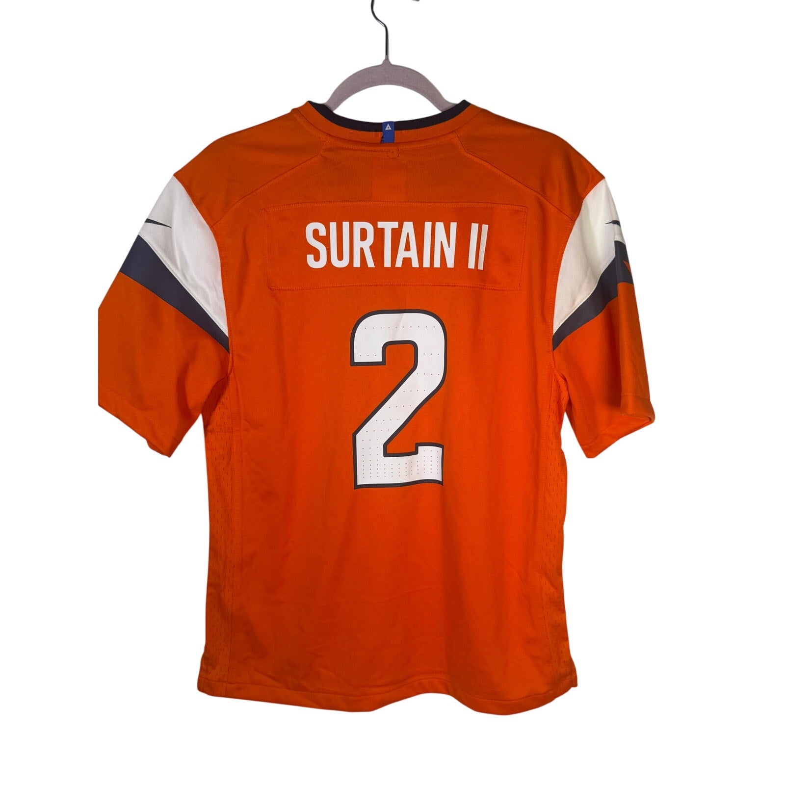 Nike youth Denver Broncos Patrick Surtain II #2 orange game jersey, size large, featuring team logo and player name, new with tags.