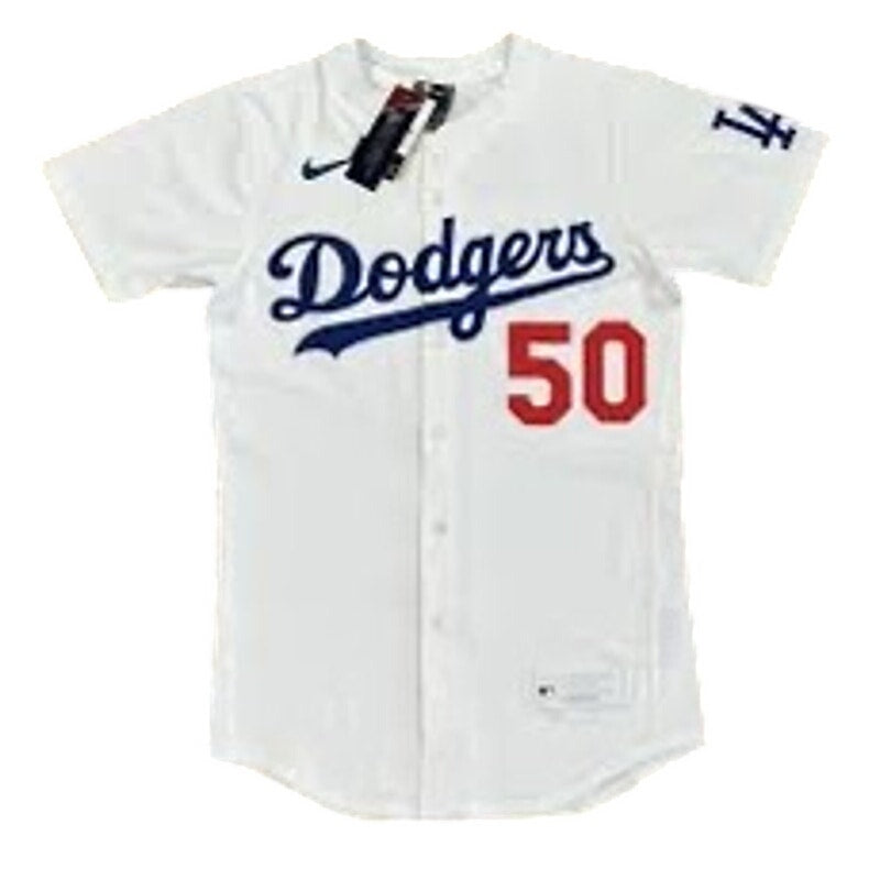 Nike Los Angeles Dodgers Mookie Betts #50 men's white baseball jersey, front view with team logo and player number.