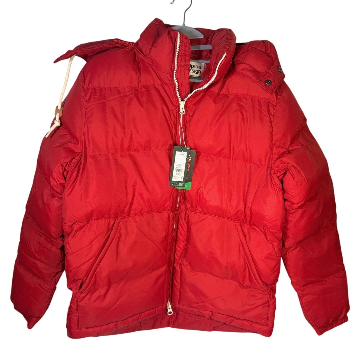 Alpine Design men's HyperDRY puffer jacket in red, size small, hooded, insulated, new with tags, showcasing front view and quilted design.