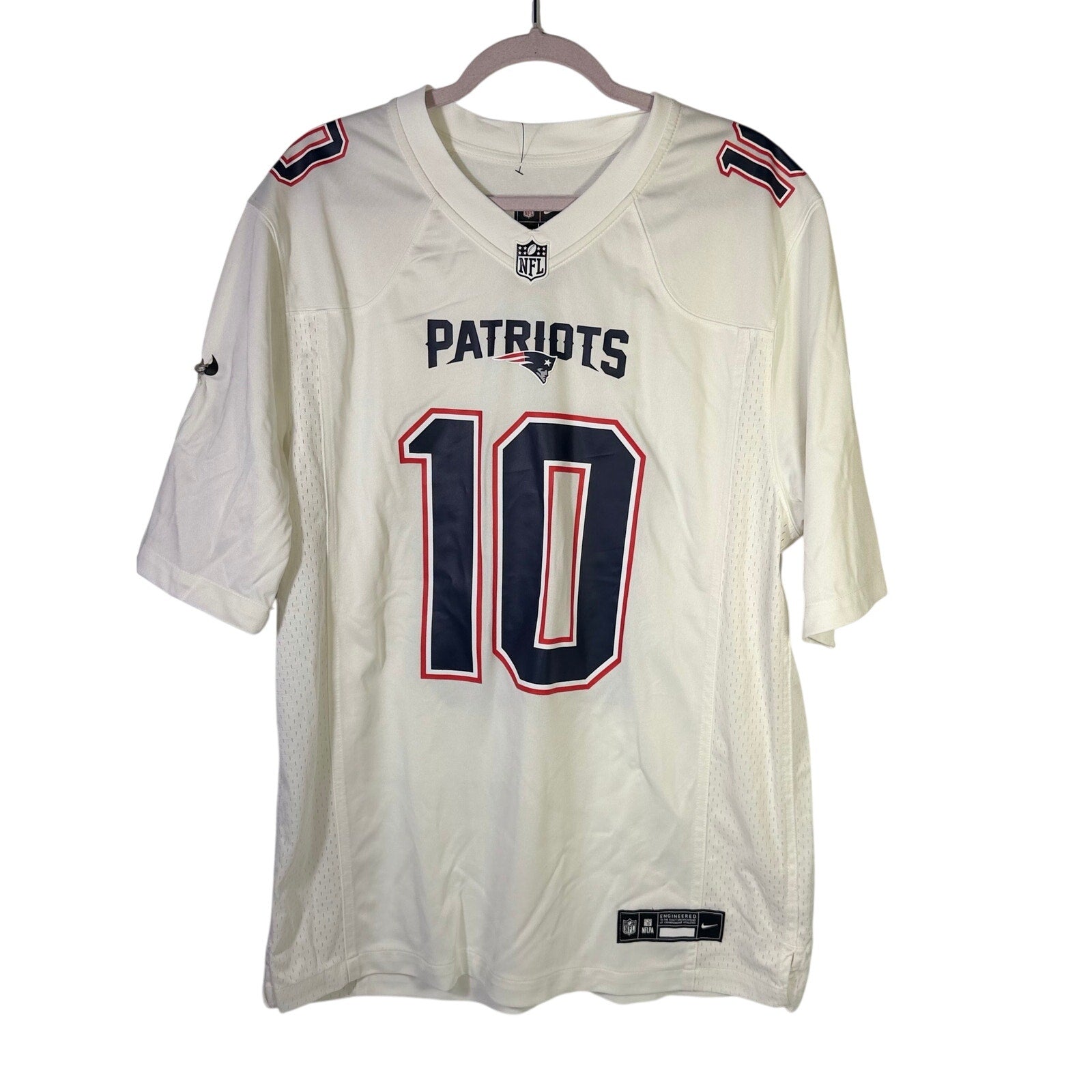 Nike NFL New England Patriots Drake Maye #10 white jersey for men, large size, featuring team logo and player number.
