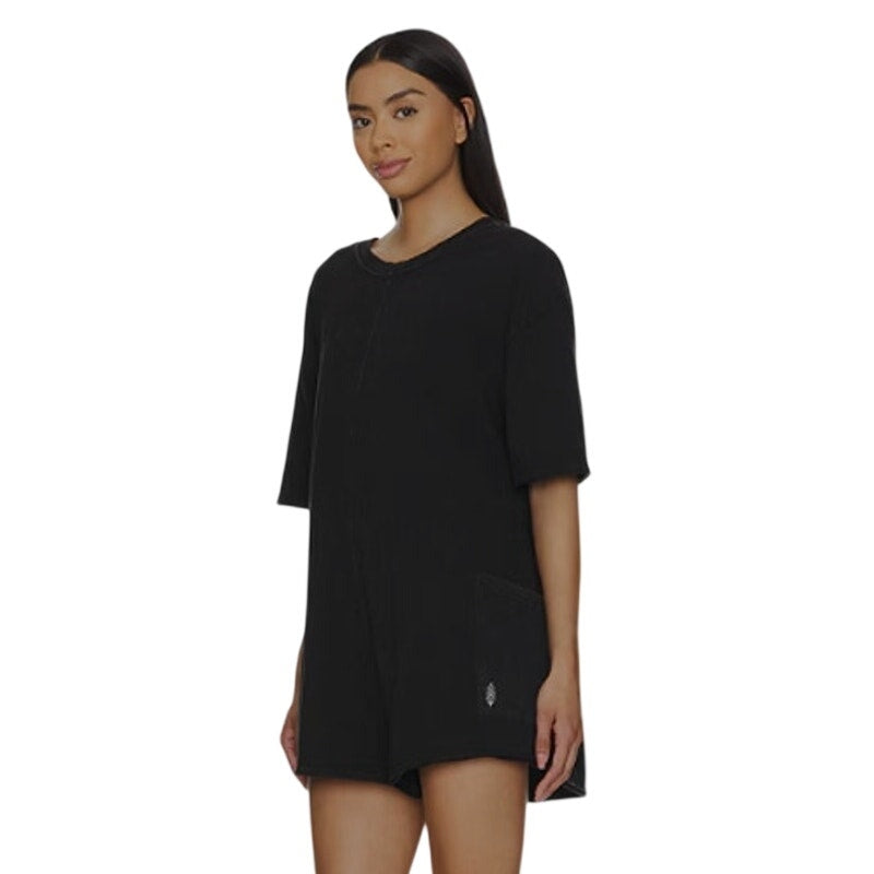 Black FP Movement Hot Shot Tee Romper, women's medium one-piece with shorts, casual and comfortable fit.