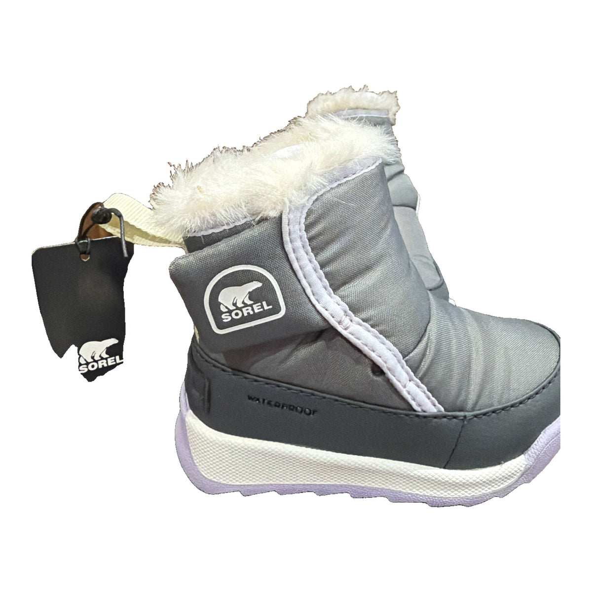 Sorel Toddler Whitney II Plus waterproof winter boots in Quarry and Lavender Cloud, size 6, showing the cozy boot design.