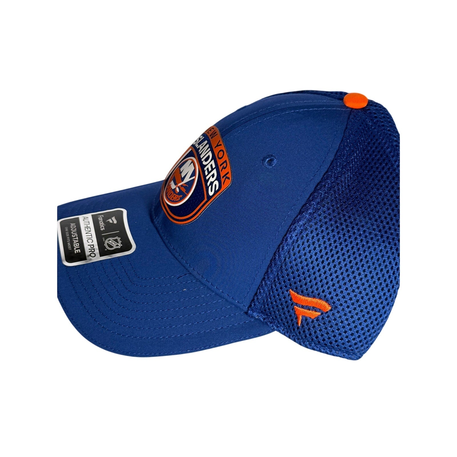 Fanatics New York Islanders blue adjustable mesh hat with team logo, featuring a structured design and embroidered details
