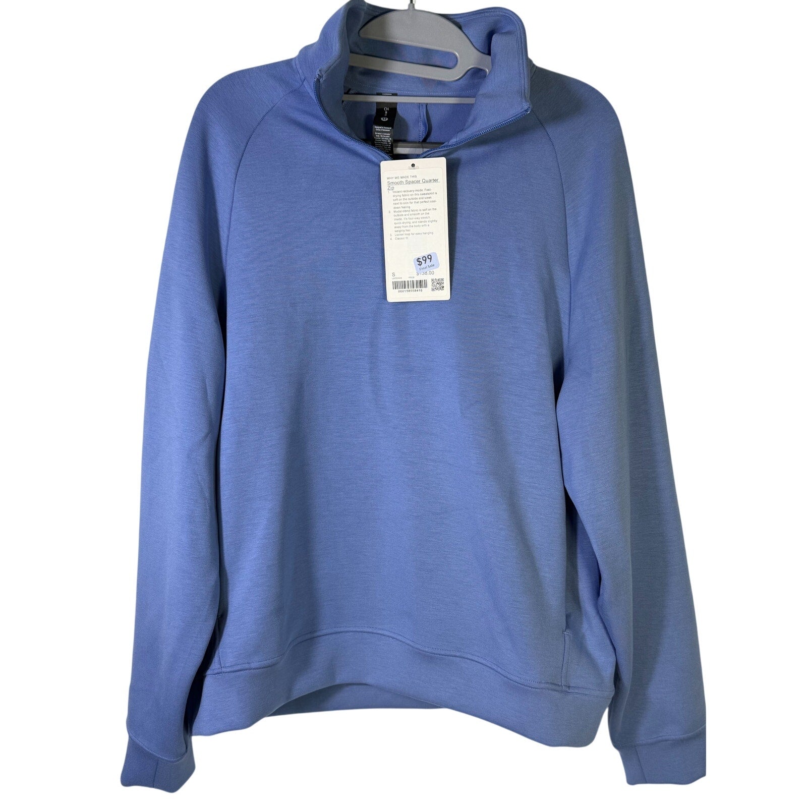 Men's blue Lululemon Smooth Spacer Quarter Zip sweatshirt, small size, showcasing the lightweight, breathable fabric and quarter-zip design.