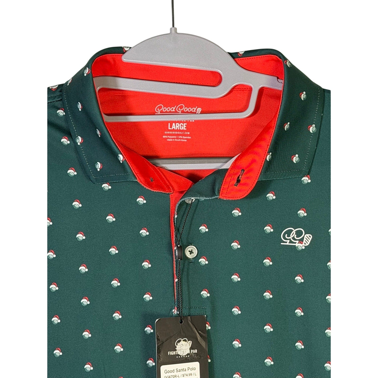 Good Good Golf men's Santa holiday polo shirt in green, size large, featuring festive holiday design and classic polo style.