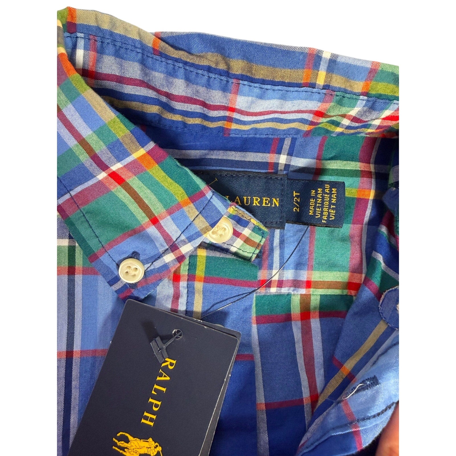 Polo Ralph Lauren boys plaid shirt in navy and chino shorts in size 2T and 4T, casual outfit set for little boys.