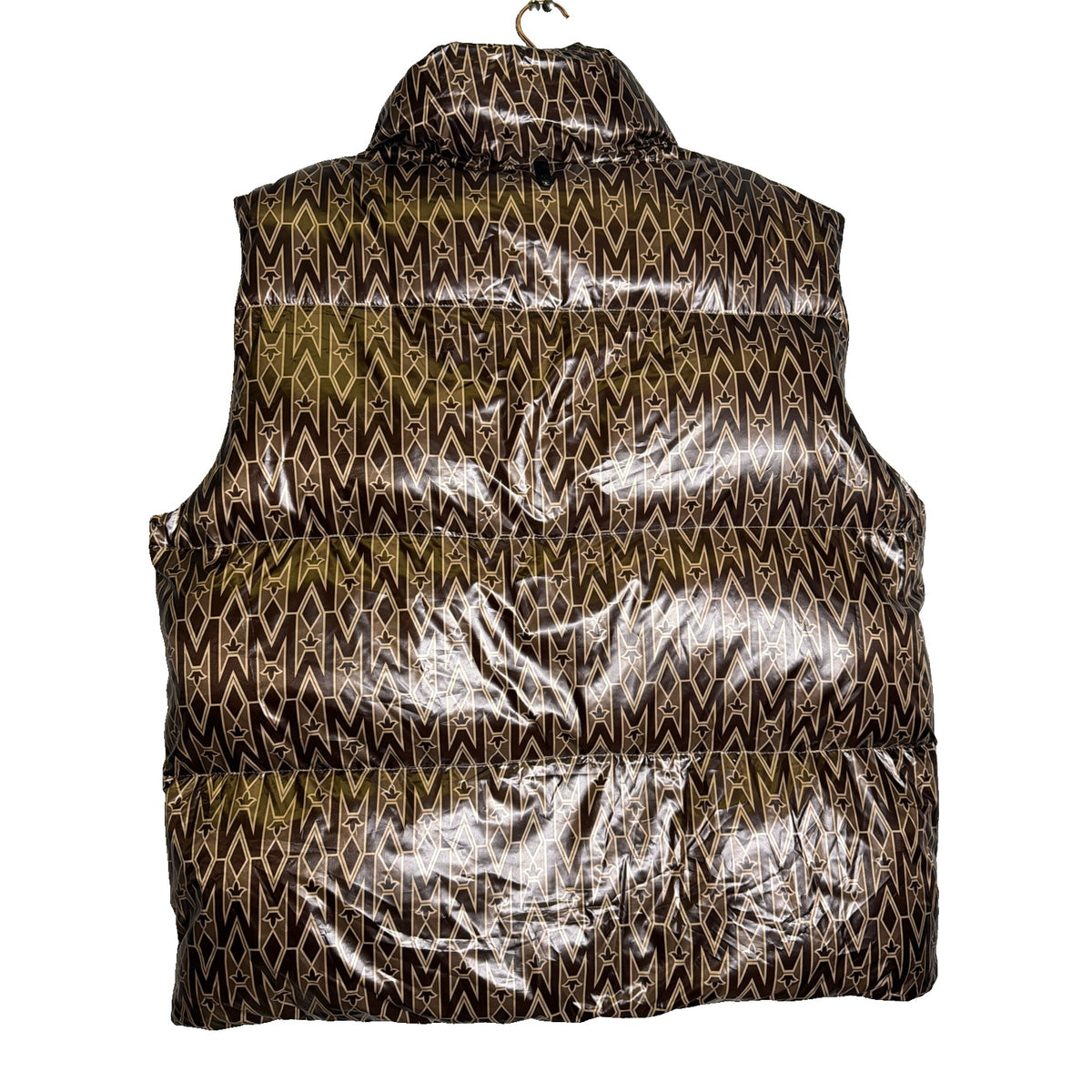 Mackage Kane-MG Monogram down puffer vest in coffee brown, men's size XL, displayed on a mannequin.