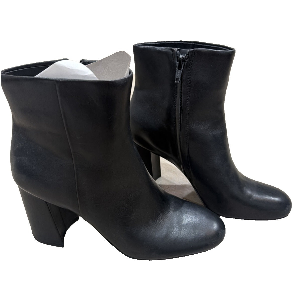 Women's black leather ankle booties with block heel, side zipper, and round toe, size 9M, stylish and comfortable footwear.