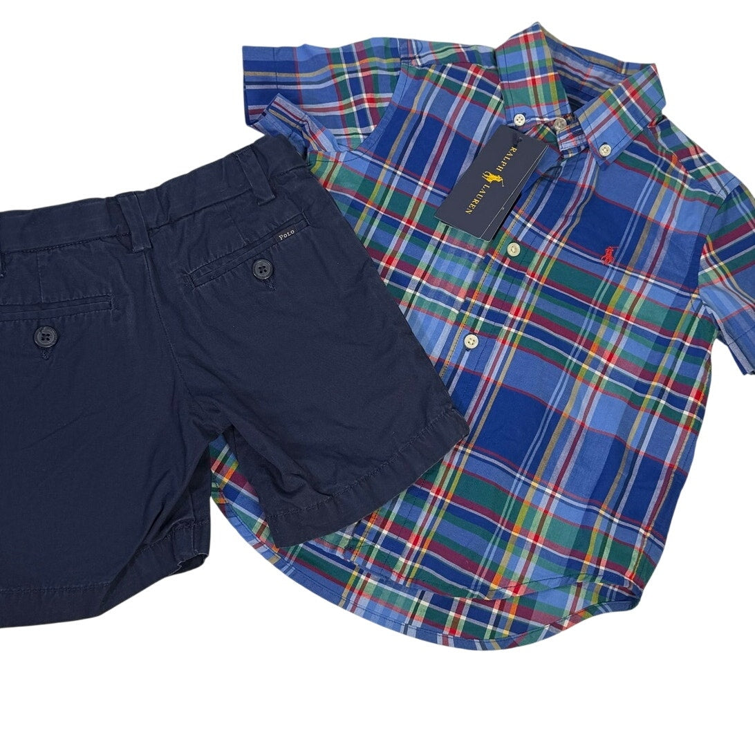 Ralph Lauren boys' plaid navy shirt and chino shorts size 2T and 4T outfit set, casual clothing for young boys.