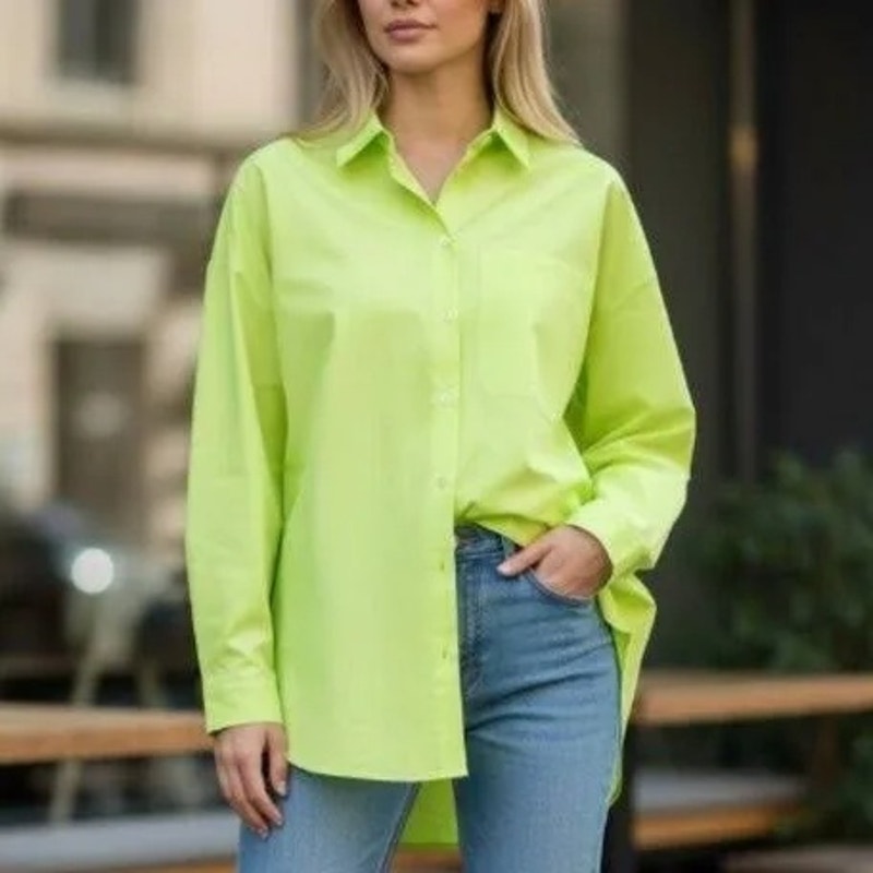 Nike 24.7 Women's New Venture oversized neon yellow long sleeve button-up shirt, casual top with relaxed fit and front buttons.