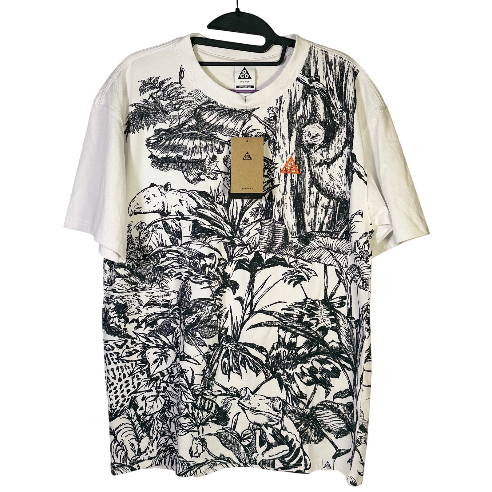 Nike ACG men's jungle animal graphic Dri-FIT t-shirt in small, featuring vibrant wildlife print on lightweight fabric.