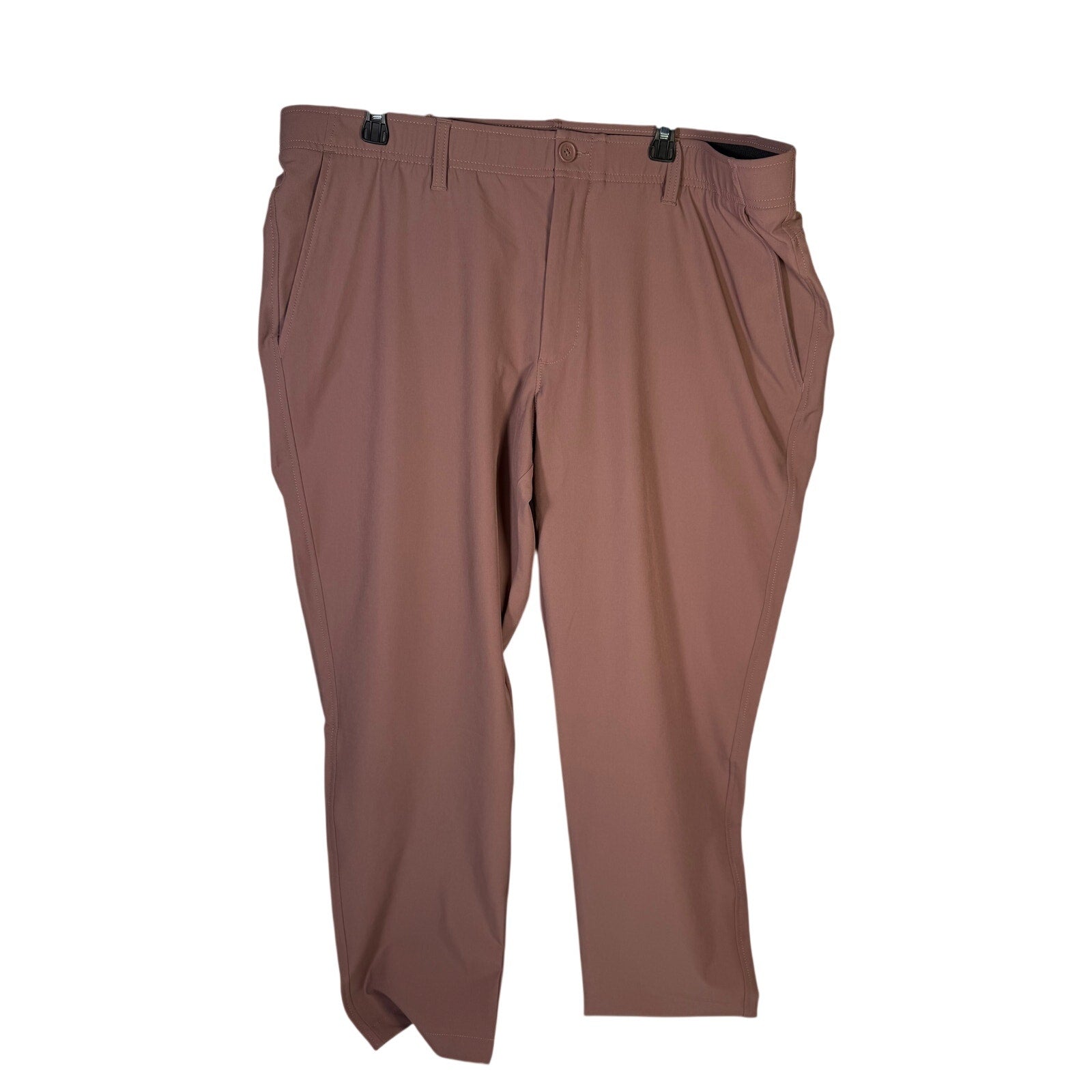 Under Armour UA Drive Tapered Golf Pants for men, maroon mist color, size 42x30, showing the tapered fit and fabric details.