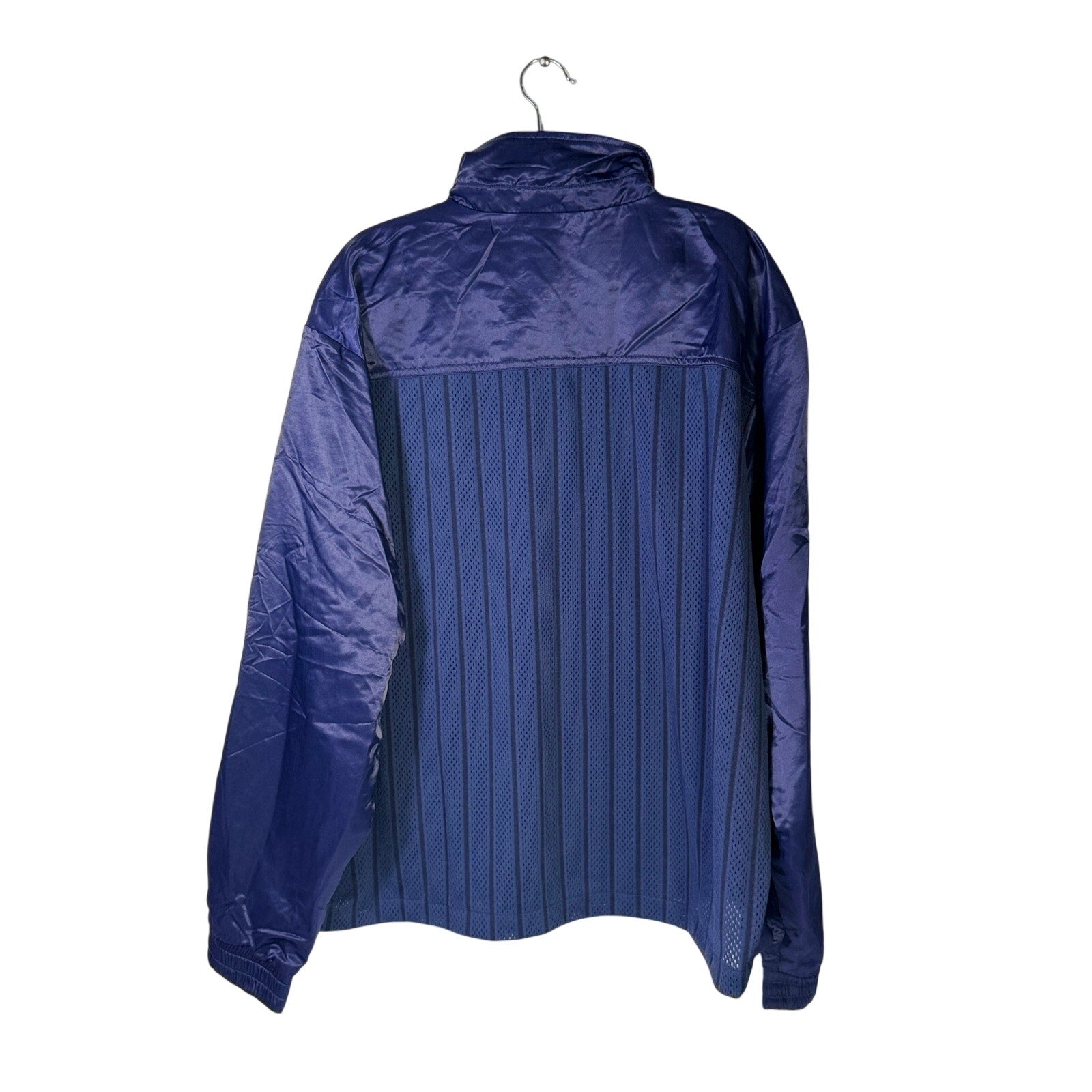 Nike men's navy blue full zip running jacket, lightweight, size XL, shown on a hanger.