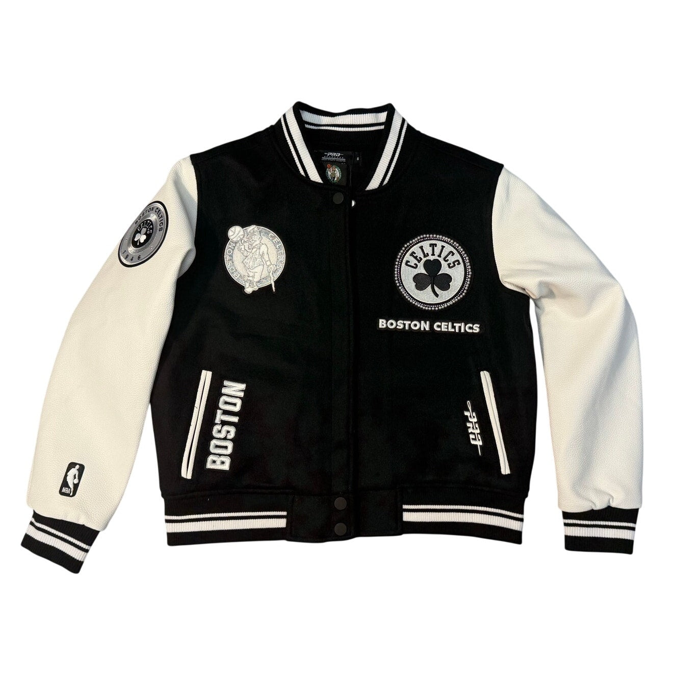 Pro Standard Boston Celtics varsity jacket in size S with green and white team logo, varsity style with leather sleeves.
