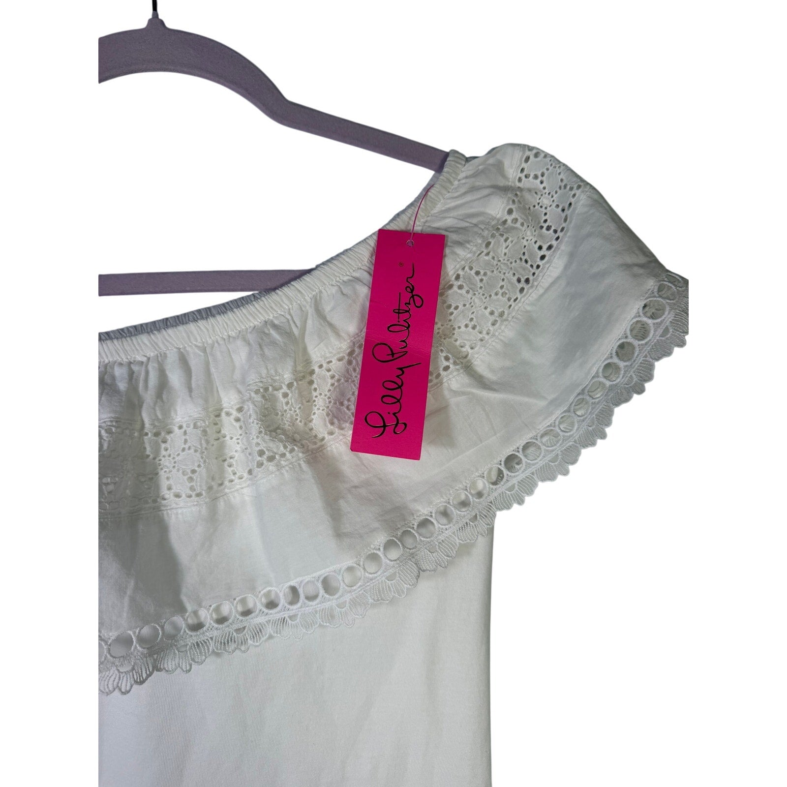 White Lilly Pulitzer Tracee off-shoulder eyelet top for women, small size, with ruffled neckline and eyelet detailing.