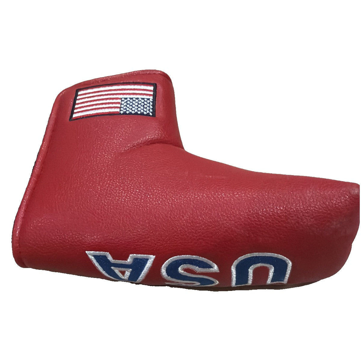 American flag blade putter headcover in red faux leather, designed for golf clubs, featuring stars and stripes pattern.