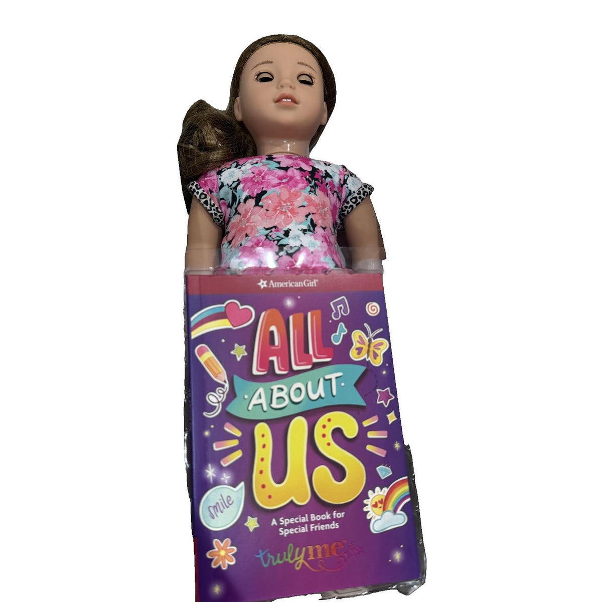 American Girl Truly Me Doll #118 with wavy brown hair and green eyes, 18-inch doll with All About Us book, in box