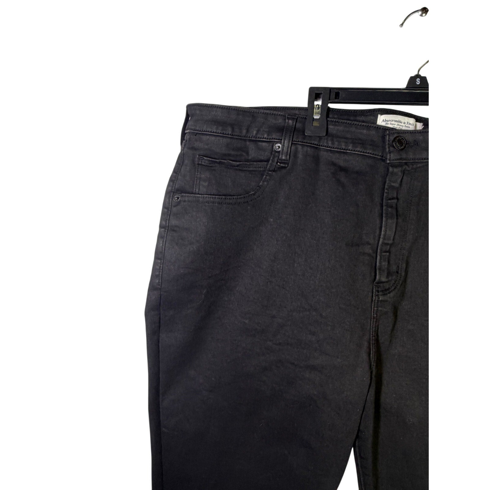 Black Abercrombie & Fitch Women’s Curve Love super skinny ankle jeans, size 37, shown laid flat with front view.