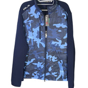 Navy blue Polo Ralph Lauren RLX men's hybrid camo jacket, full zip, size L, lightweight outerwear with camouflage pattern.