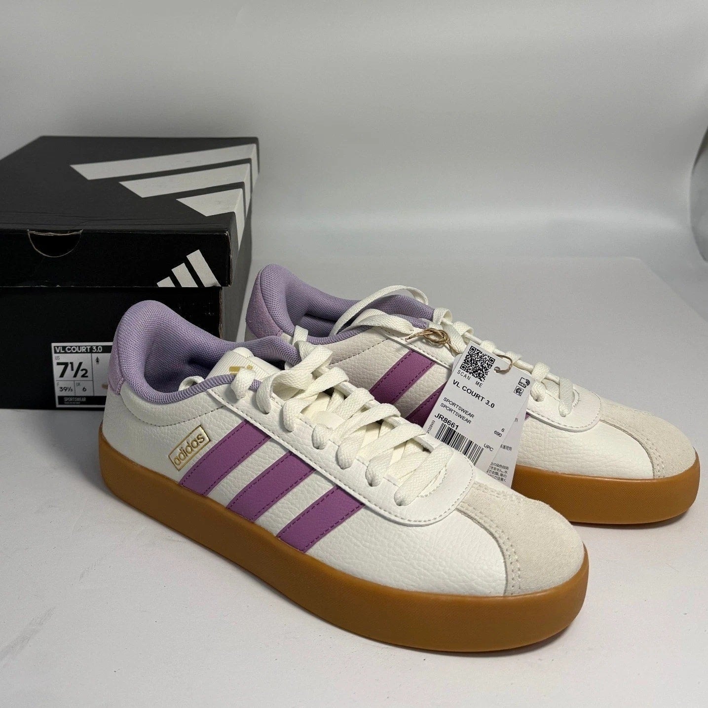 NIB adidas VL Court 3.0 Women's 7.5 White Purple Gum Sneakers JR8661
