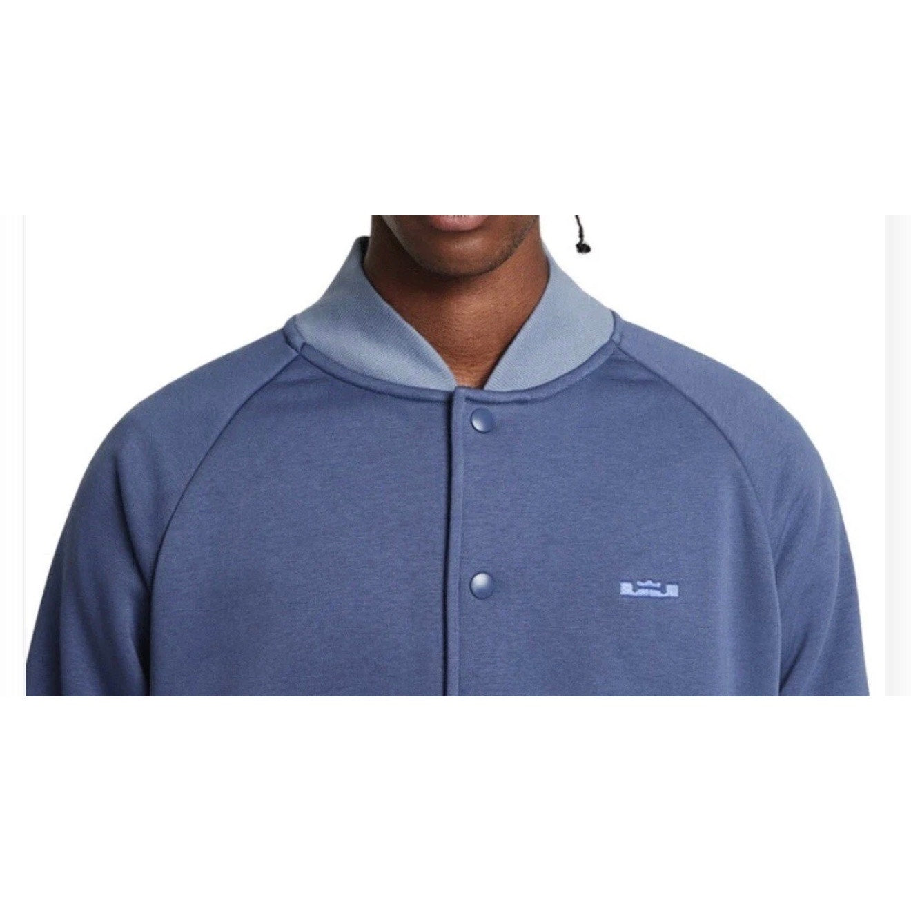 Nike LeBron blue men's basketball bomber jacket with snap buttons, front pockets, and logo details.