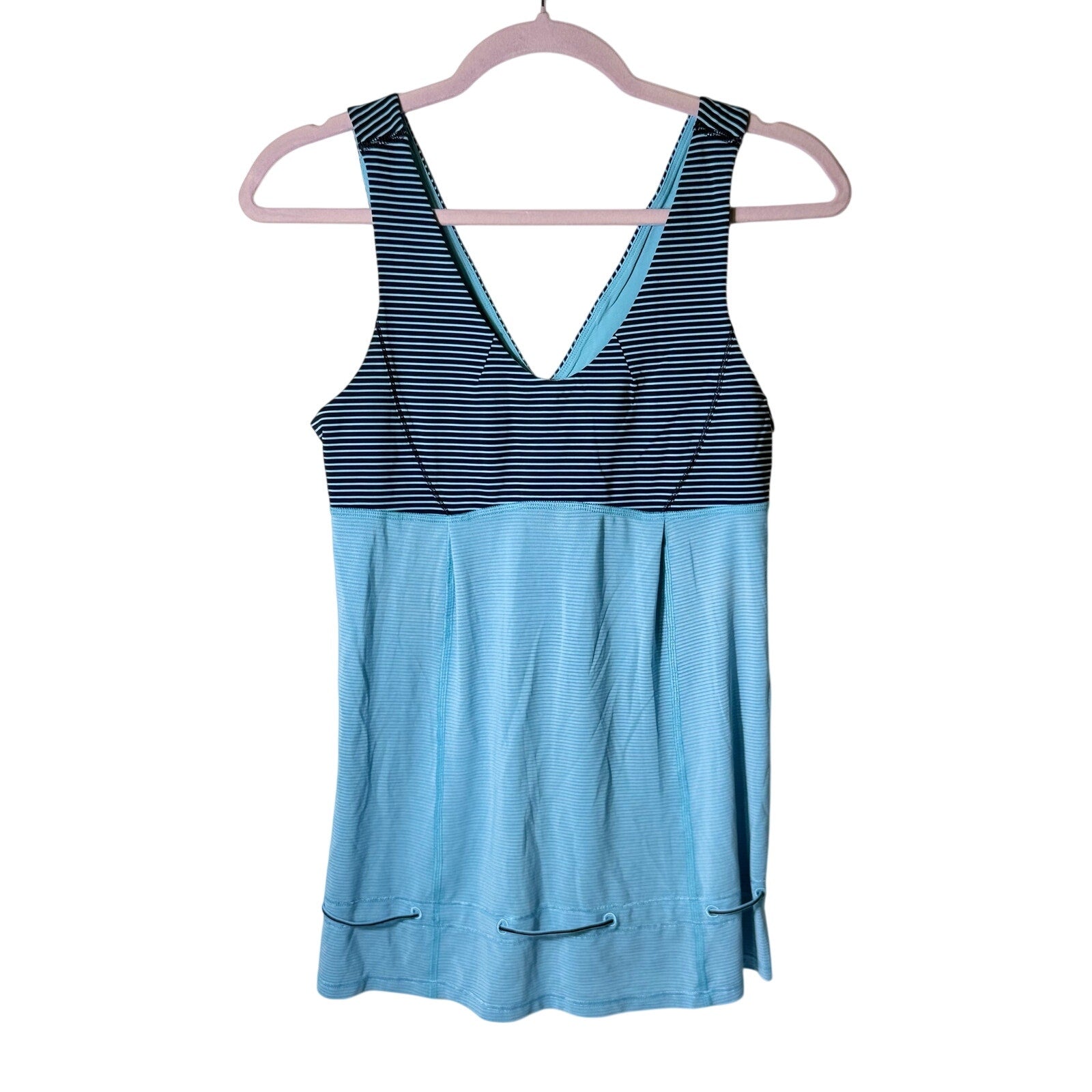 Lululemon Women’s Size 6 Blue Striped V-Neck Athletic Tank Top Drawcord