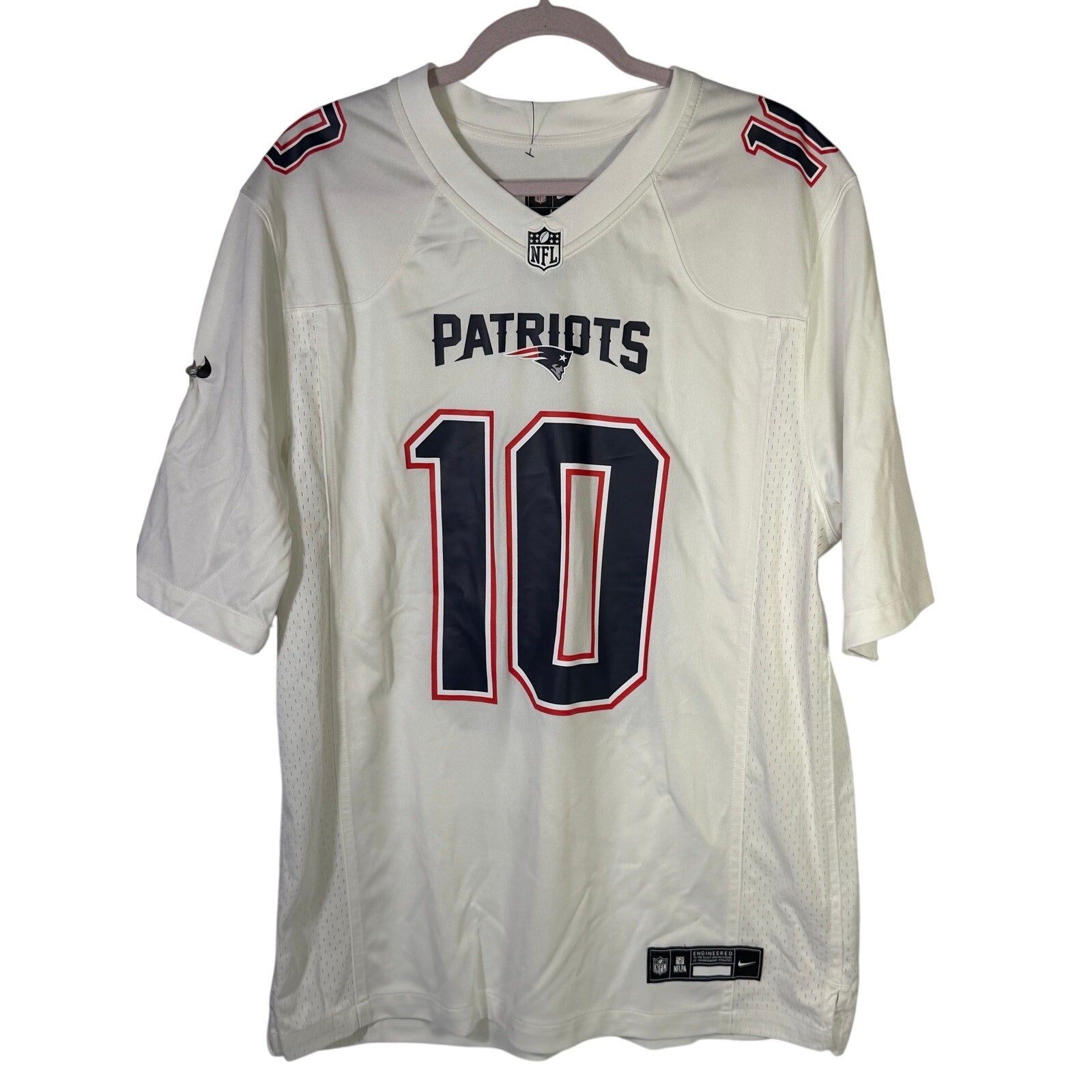 Nike NFL New England Patriots Drake Maye #10 white men's jersey, large, with team and player details visible.