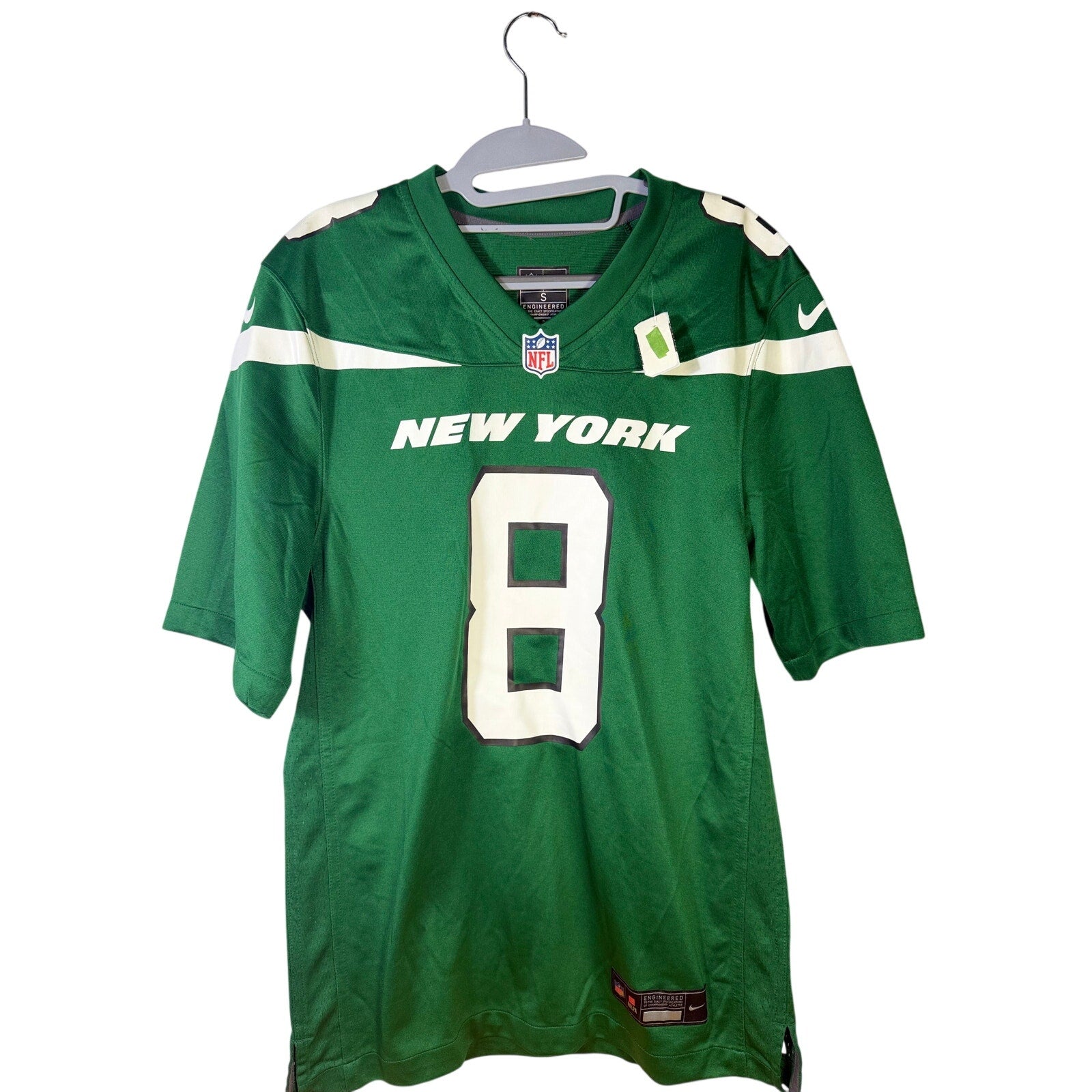 Nike New York Jets Aaron Rodgers #8 football jersey for men, size small, green, with Jets logo and player name visible.