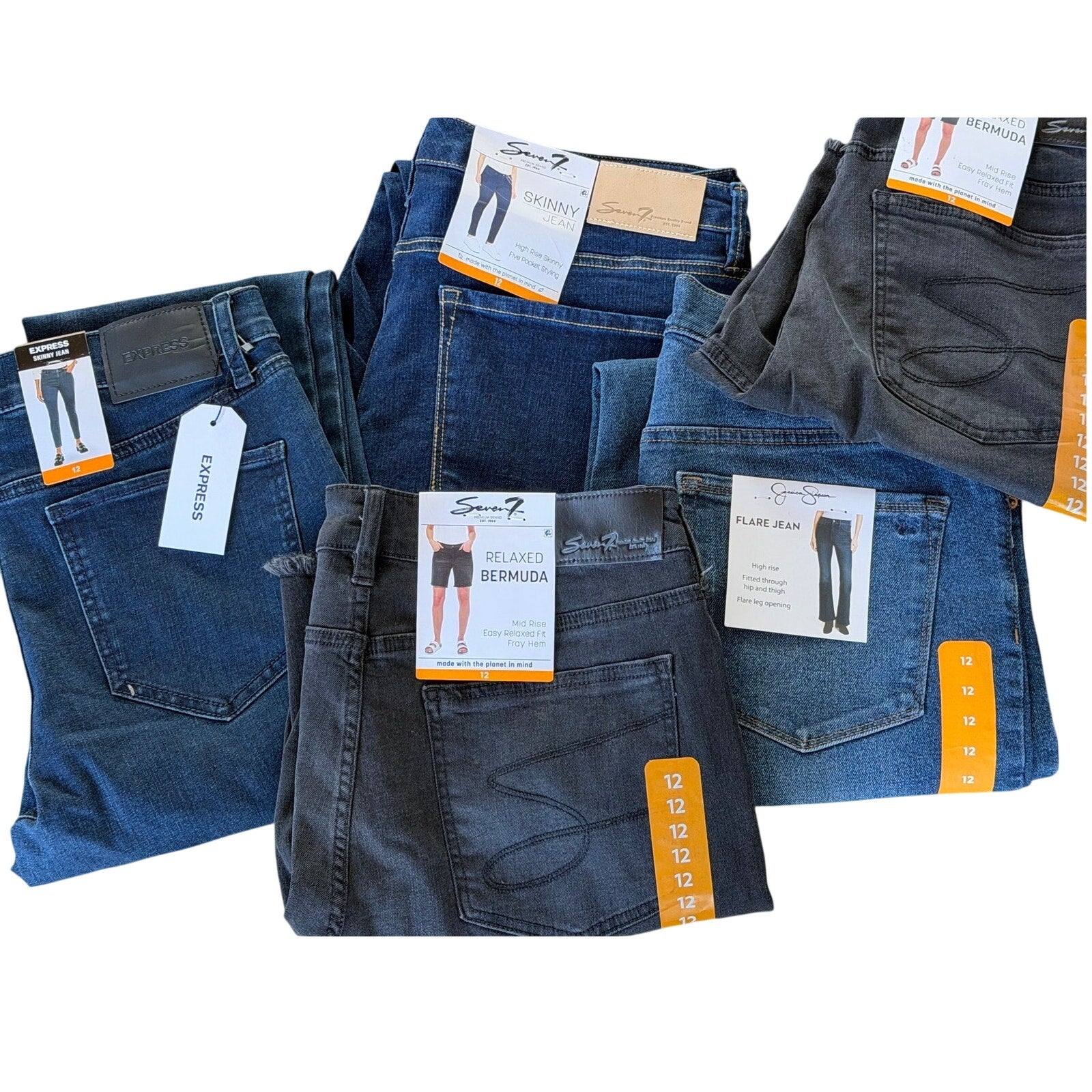 Five-piece women’s size 12 denim bundle including jeans from Express, Seven7, and Jessica Simpson, displayed flat in the image.
