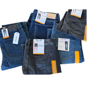 Five-piece women’s size 12 denim bundle including jeans from Express, Seven7, and Jessica Simpson, displayed flat in the image.