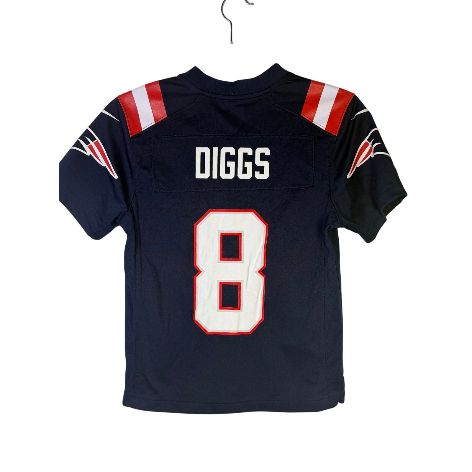 Nike youth New England Patriots Stefon Diggs #8 navy game jersey, size small, with team logo and player name on the front.