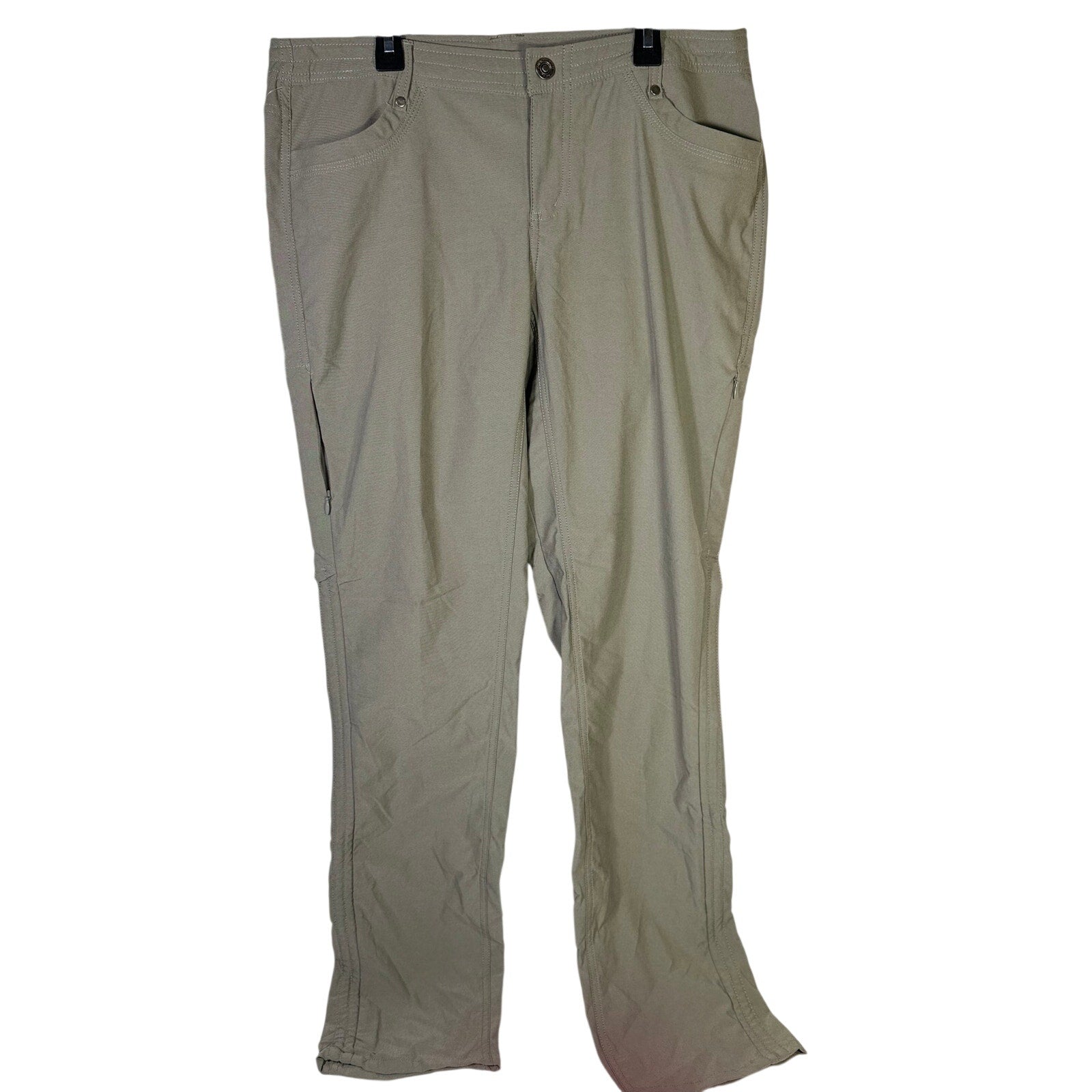Kühl women's gray hiking performance pants, size 12 long, showcasing the durable fabric and relaxed fit for outdoor activities.