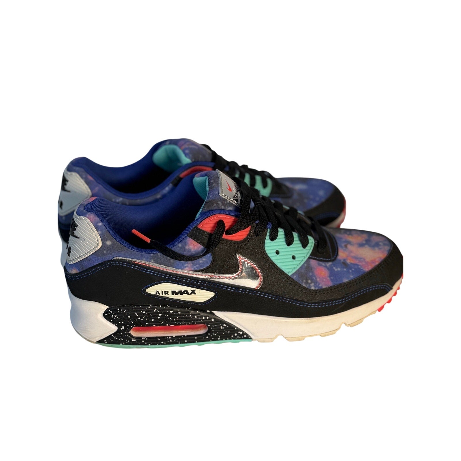 Nike Air Max 90 QS Galaxy sneakers for men, US 11.5, with space-themed design and visible air cushion sole.