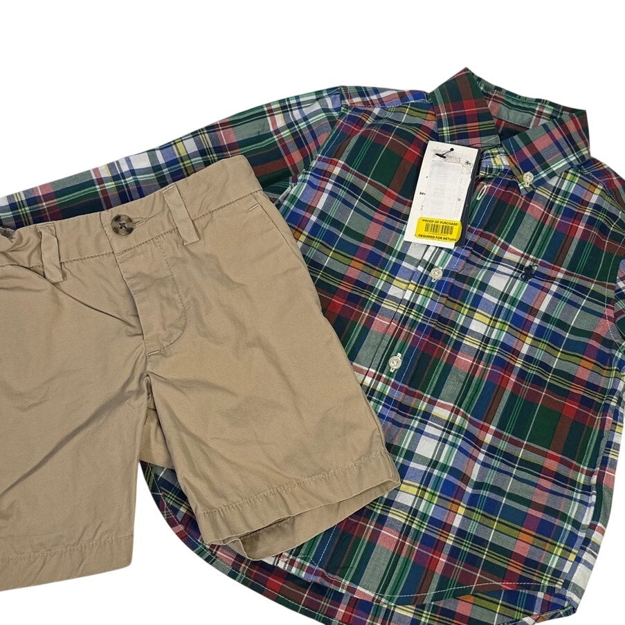 Ralph Lauren boys plaid shirt and khaki chino shorts in size 2T, casual clothing set for little boys.