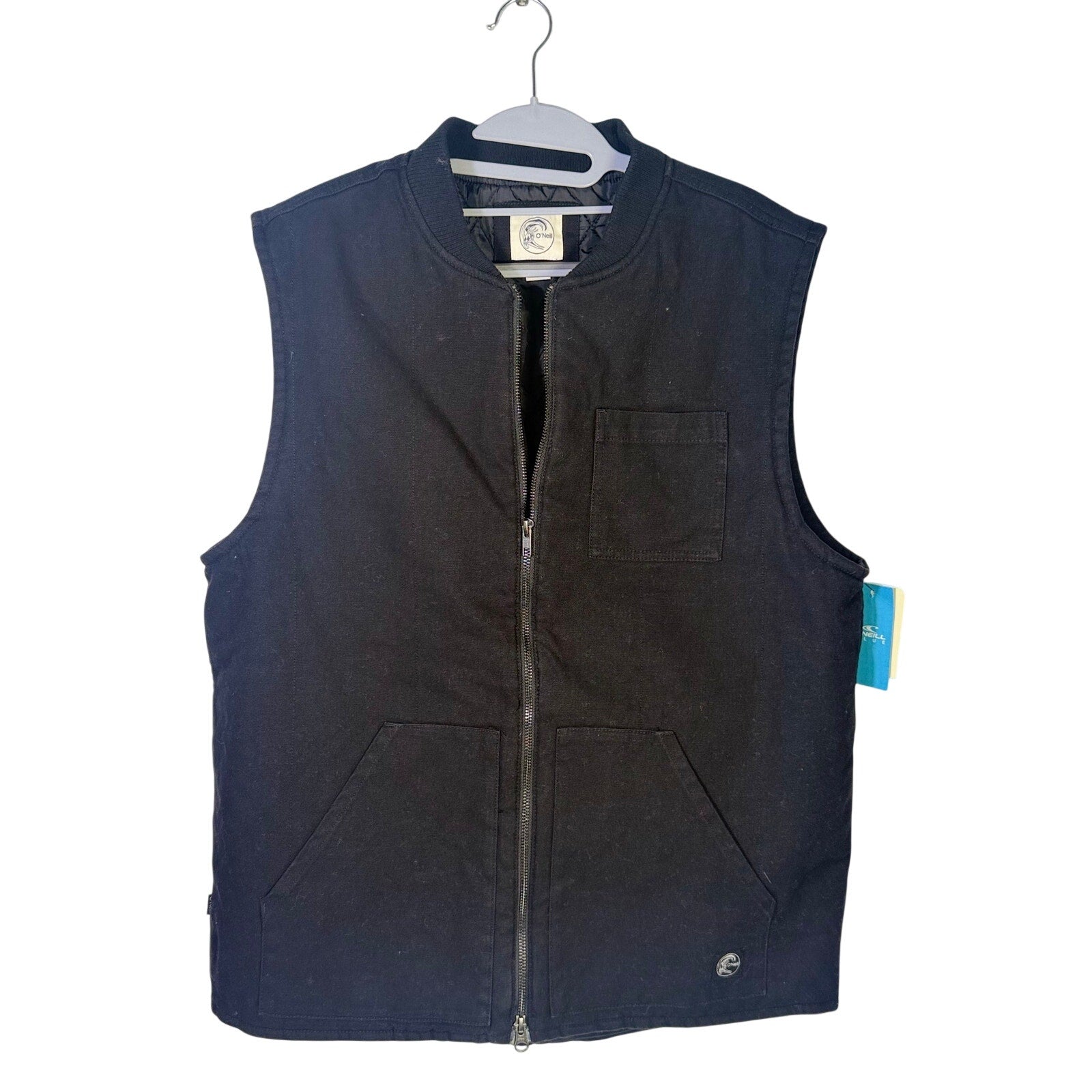 O’Neill Men’s OG Turner Black Vest, full zip front, size large, front view showing soft fabric and sleek design.