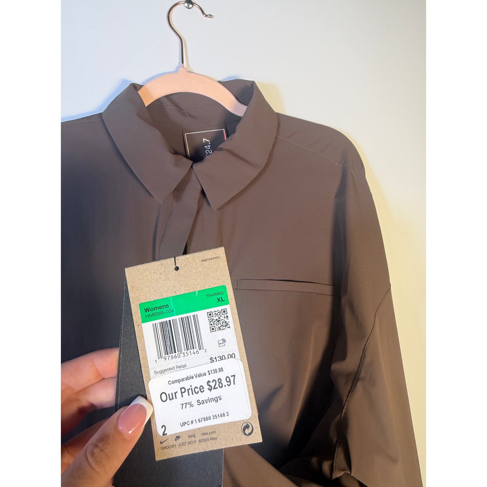 Nike 24.7 Women's XL brown Dri-FIT training button front shirt, lightweight athletic top with long sleeves and front button closure.