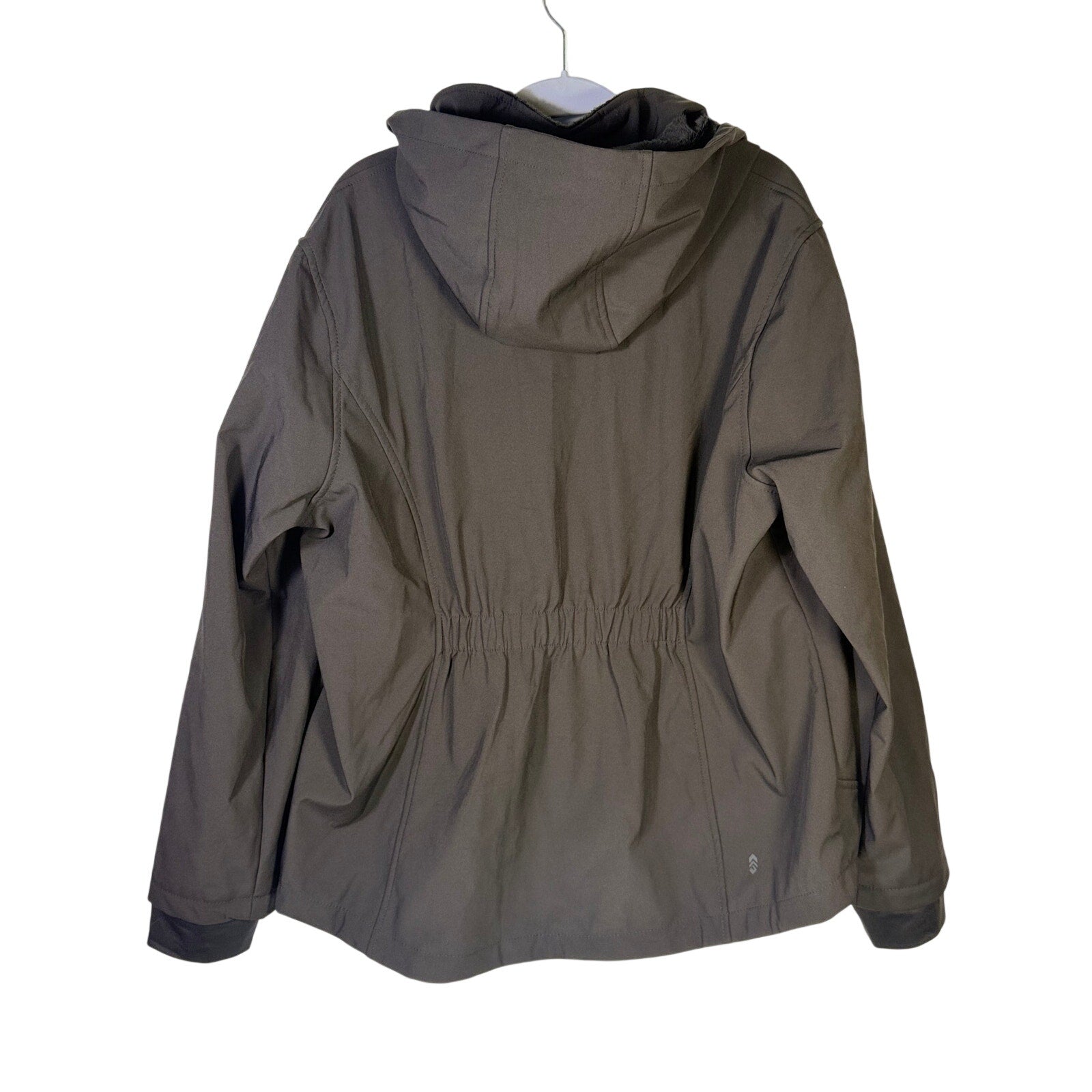 Gray fleece-lined hooded softshell jacket for women by Free Country, size 2XL, shown with front zipper and hood.