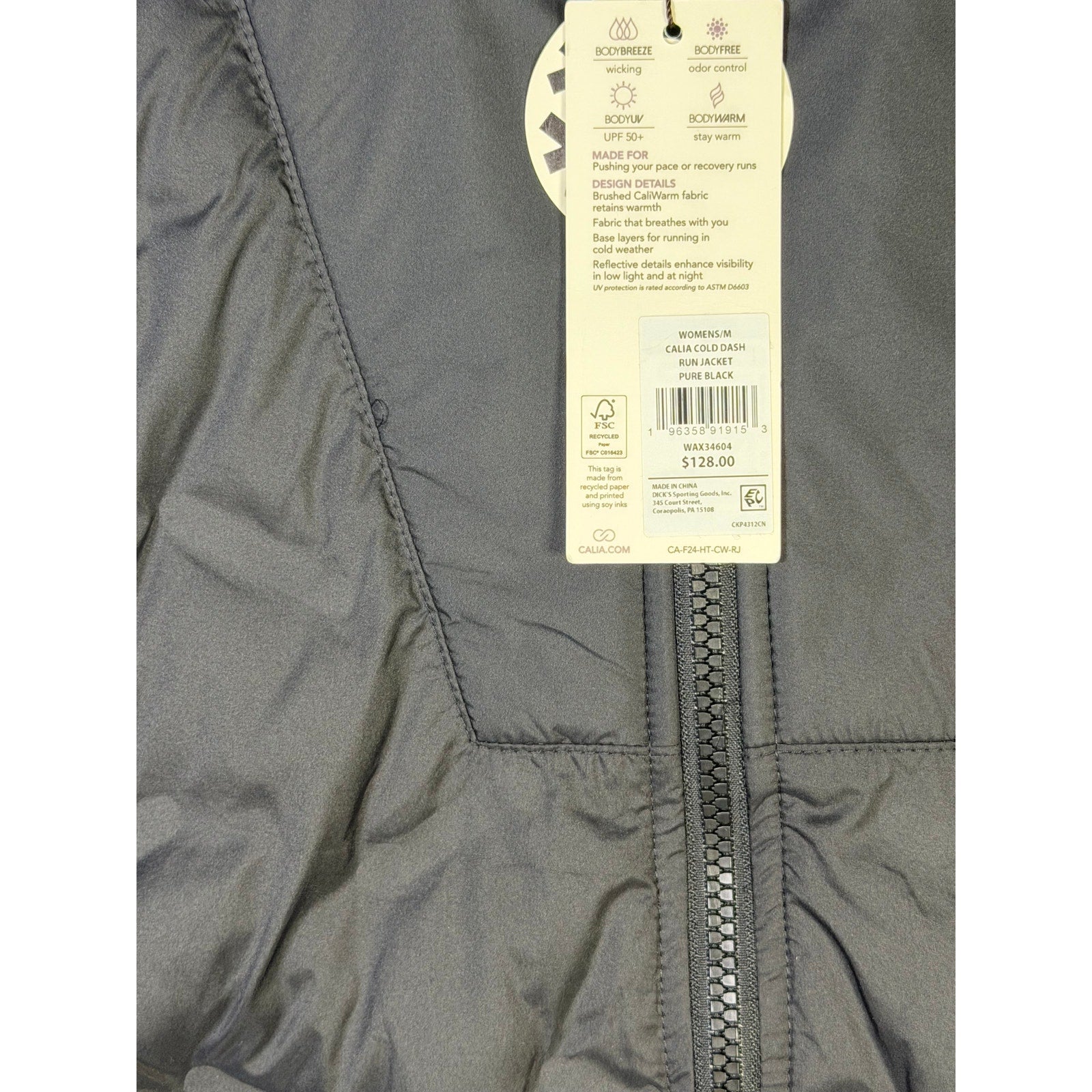 CALIA Women's Cold Dash Run Jacket in pure black, size medium, featuring a hybrid quilted design for active wear.