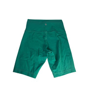 Lululemon women’s high-rise teal green biker shorts, size 6, made of stretchy athletic fabric, shown on a model.