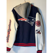 New England Patriots women's varsity hoodie in blue and white with embroidered team logo, faux leather accents, and a cozy wool blend.