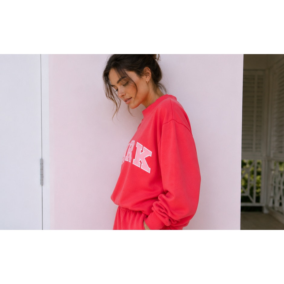 Pink PARKE Heritage Varsity Mockneck Sweatshirt for women, size XL, featuring a cozy pullover design and varsity-inspired details.