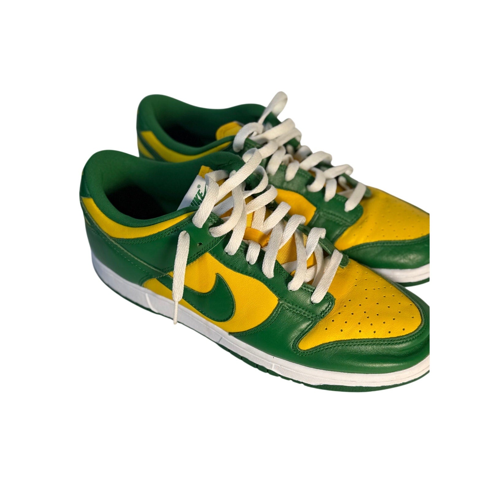 Nike Dunk Low Brazil green and yellow leather sneakers for men, US size 11, featuring a stylish low-top design.