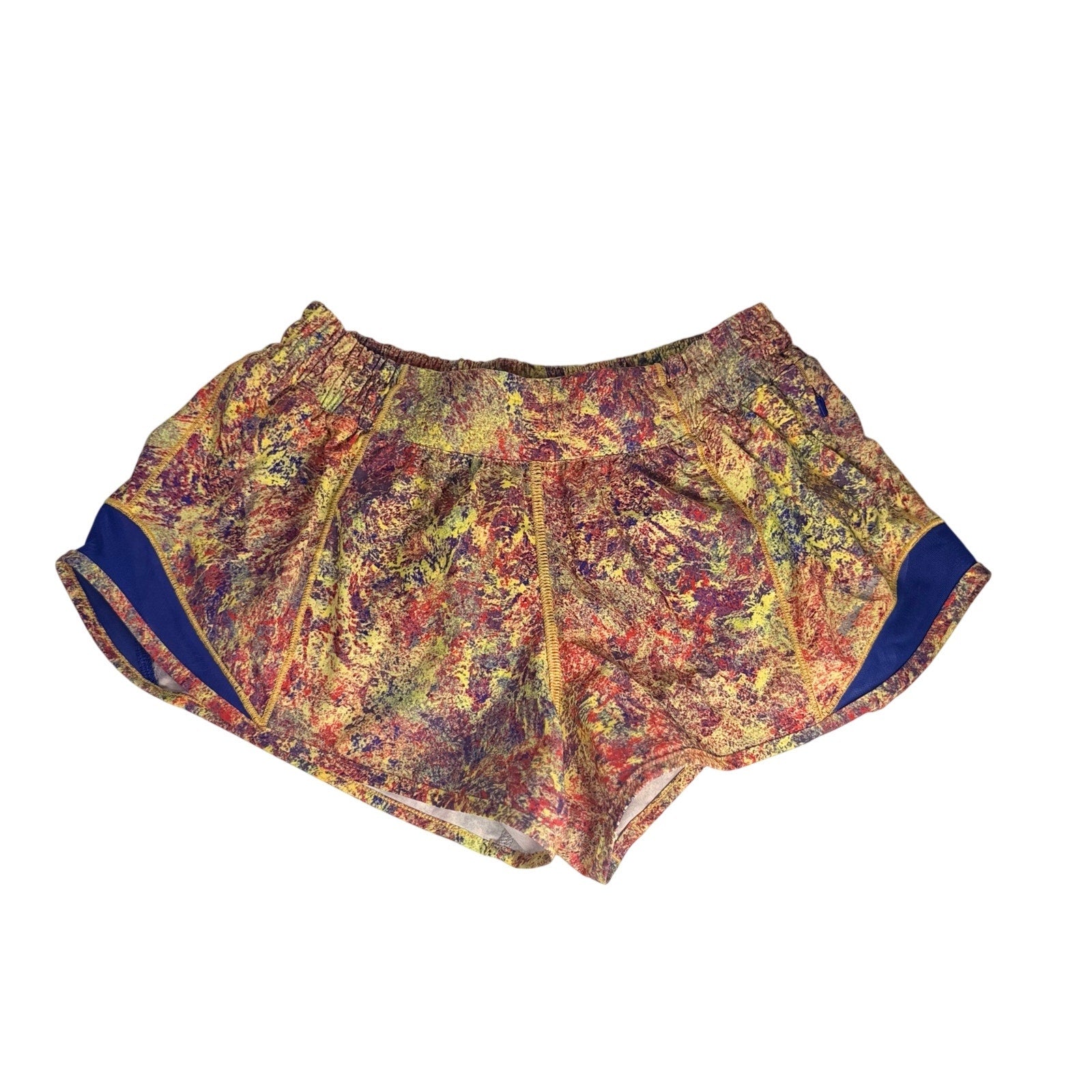 Lululemon women's printed running shorts in multicolor navy, size 6, featuring lightweight fabric and colorful pattern.