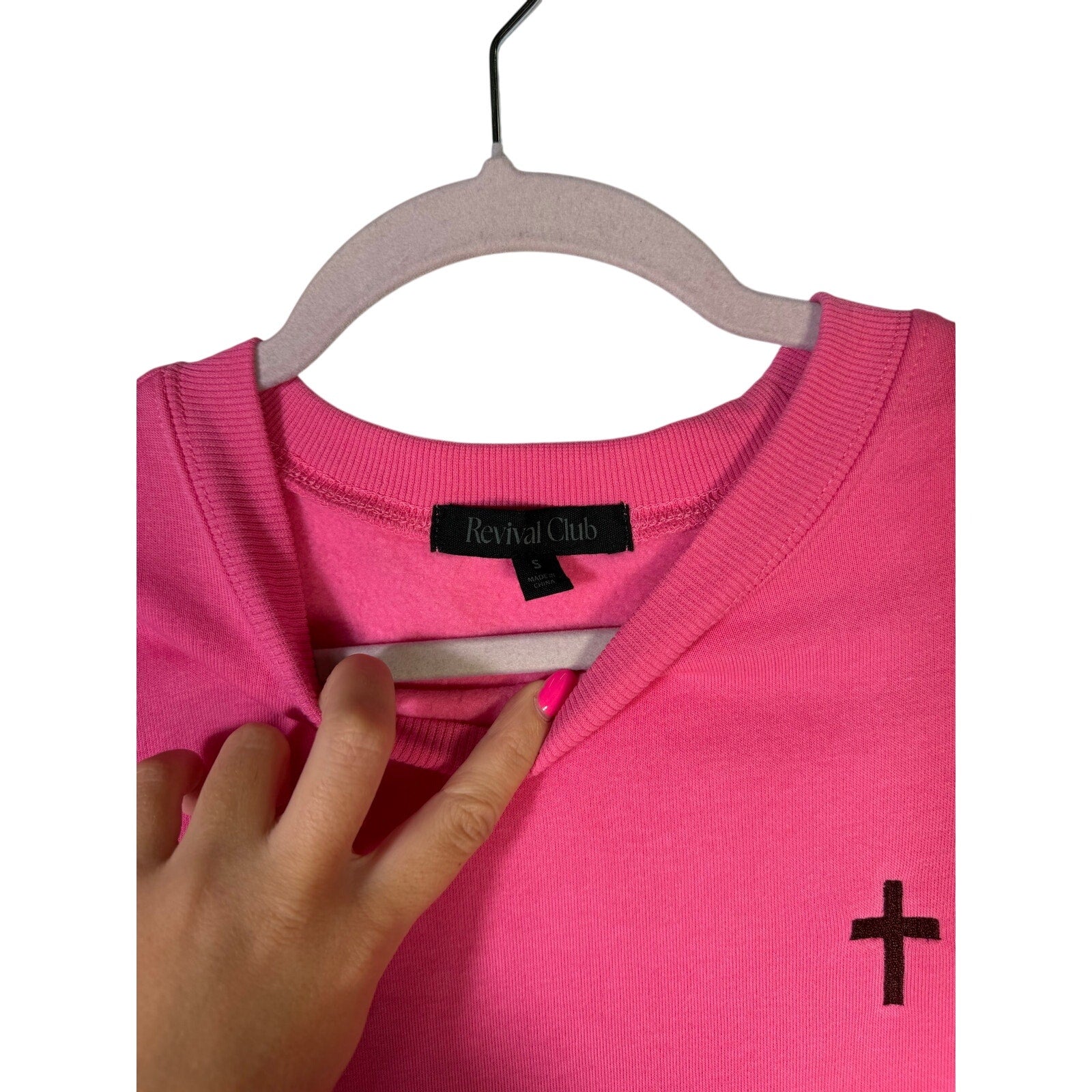 Pink Revival Club Jesus Loves You Christian crewneck sweatshirt in size small, featuring a printed religious message.