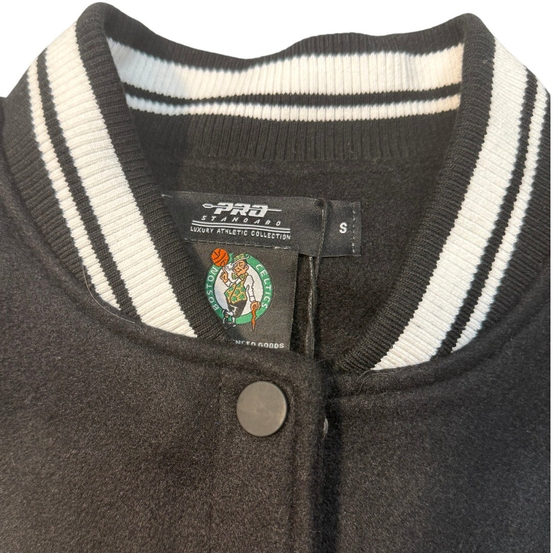 Pro Standard Boston Celtics varsity jacket in size S with green and white team colors, featuring athletic style and varsity details.